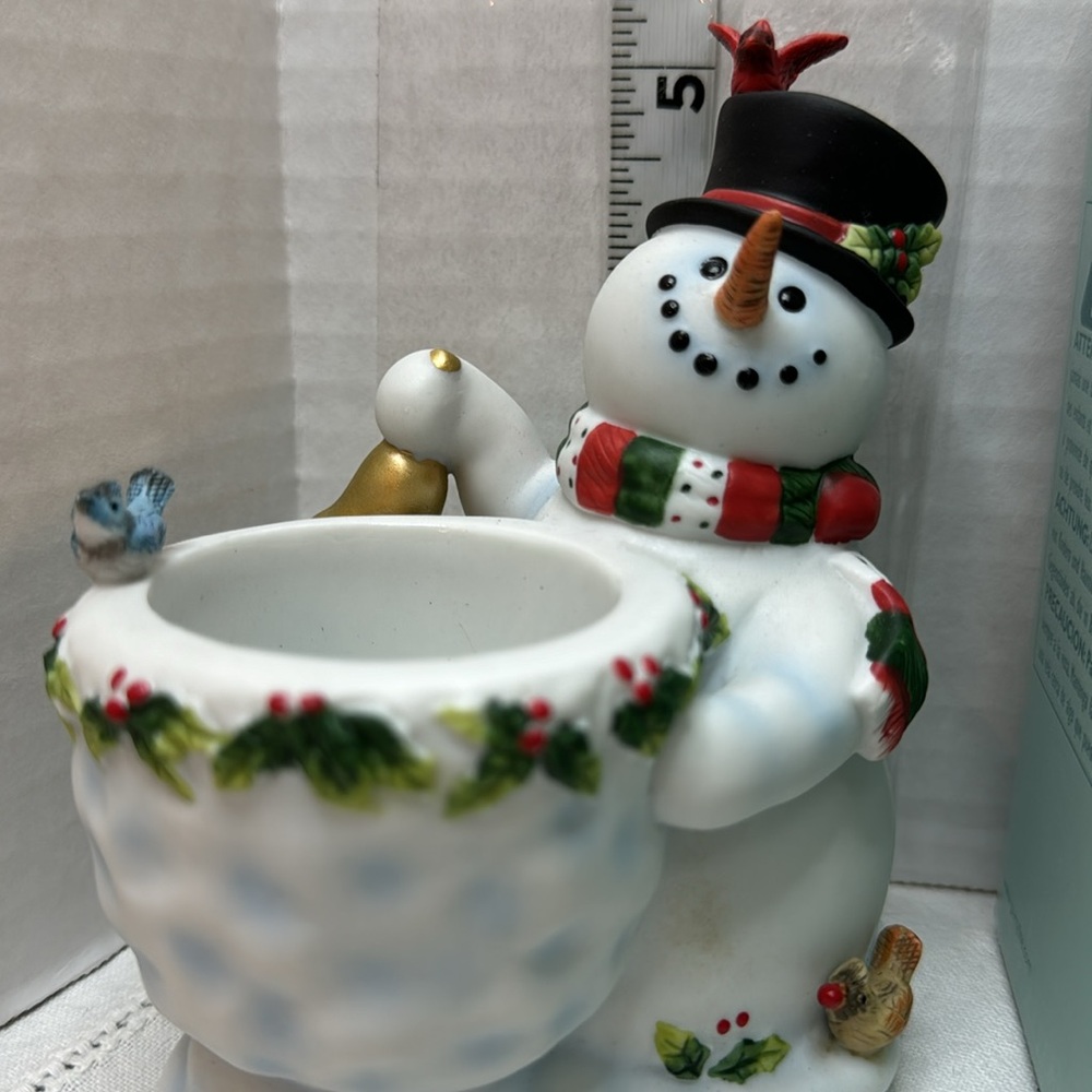 PartyLite Votive candle holder snowman with his three bird friends boxed NIB